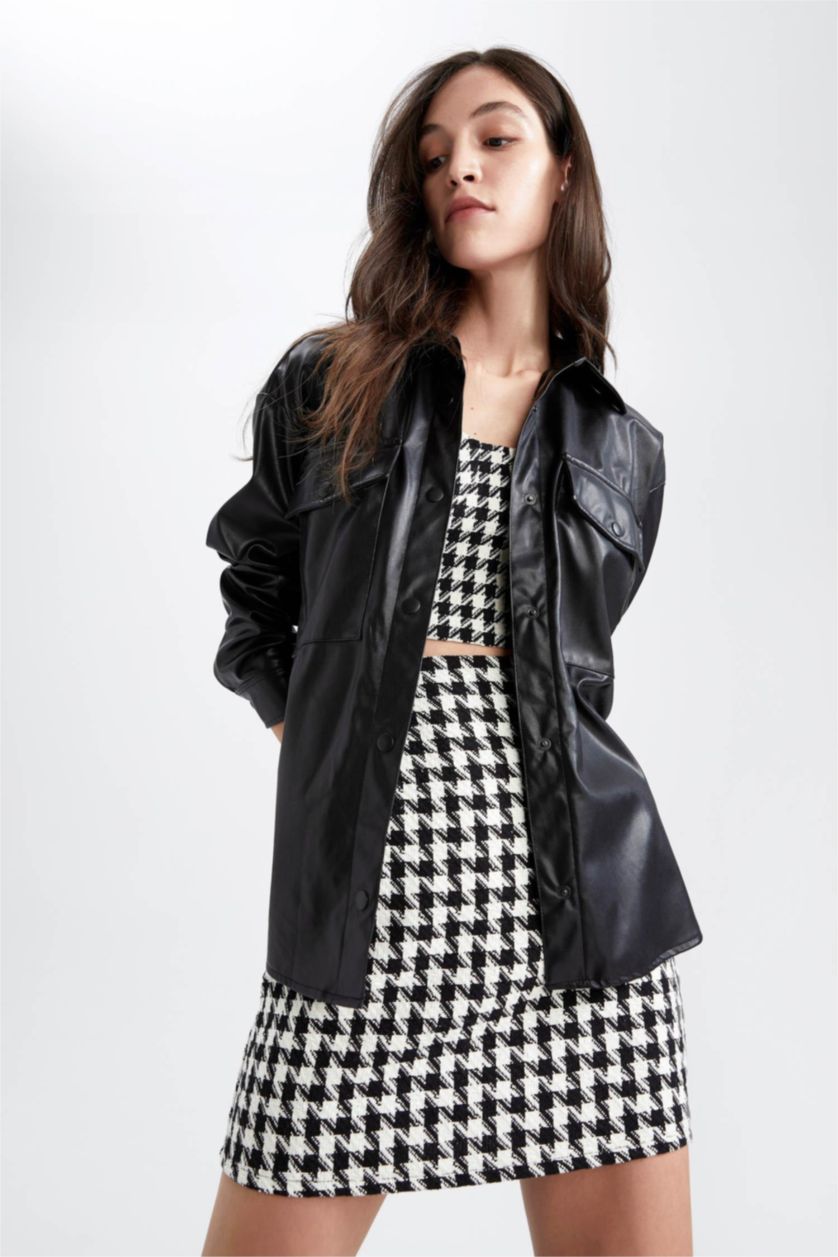 FEMME Noir Chemises à manches longues PU Col De Chemise Poche Double Rabat