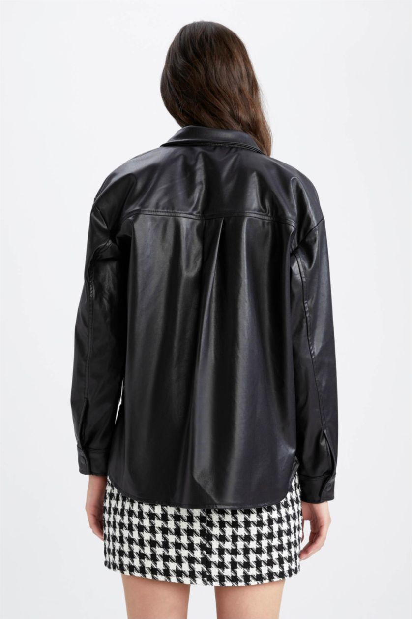 FEMME Noir Chemises à manches longues PU Col De Chemise Poche Double Rabat