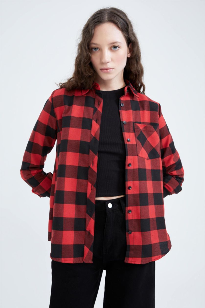 نساء أحمر قميص كاروهات قصة عادية كم طويل من الفلانيل