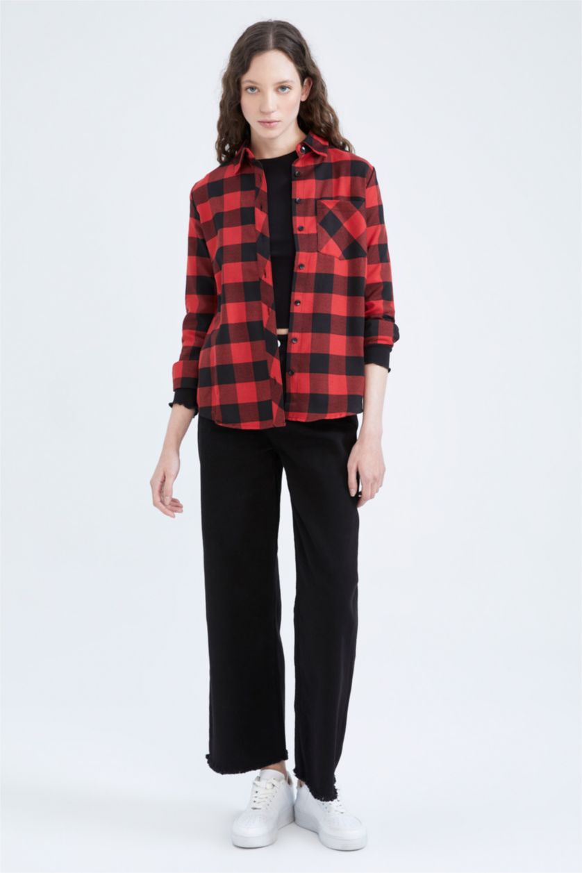 نساء أحمر قميص كاروهات قصة عادية كم طويل من الفلانيل