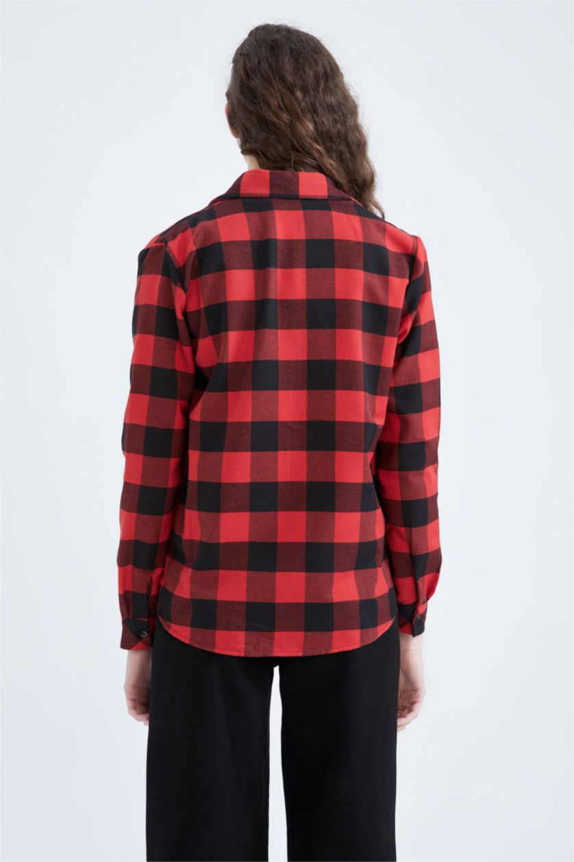 نساء أحمر قميص كاروهات قصة عادية كم طويل من الفلانيل