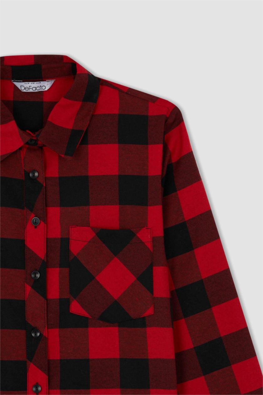 نساء أحمر قميص كاروهات قصة عادية كم طويل من الفلانيل