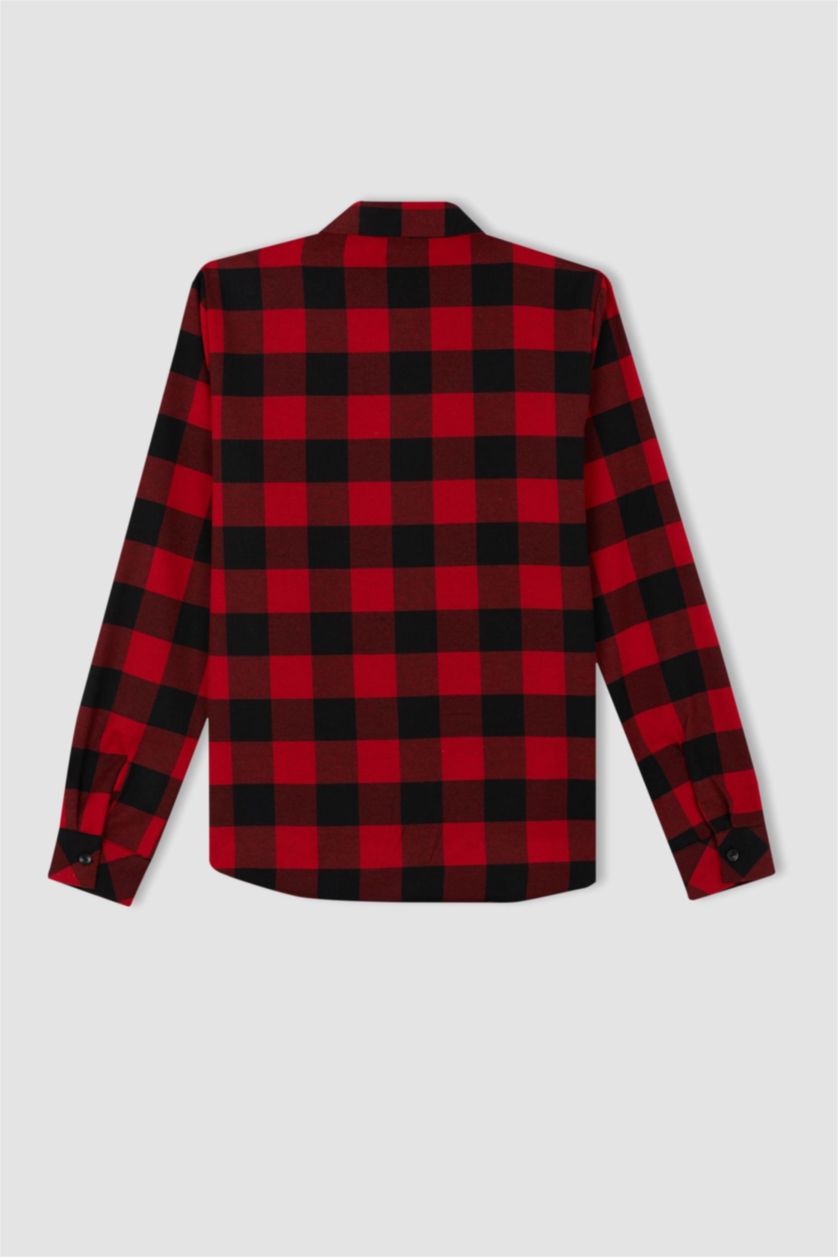 نساء أحمر قميص كاروهات قصة عادية كم طويل من الفلانيل