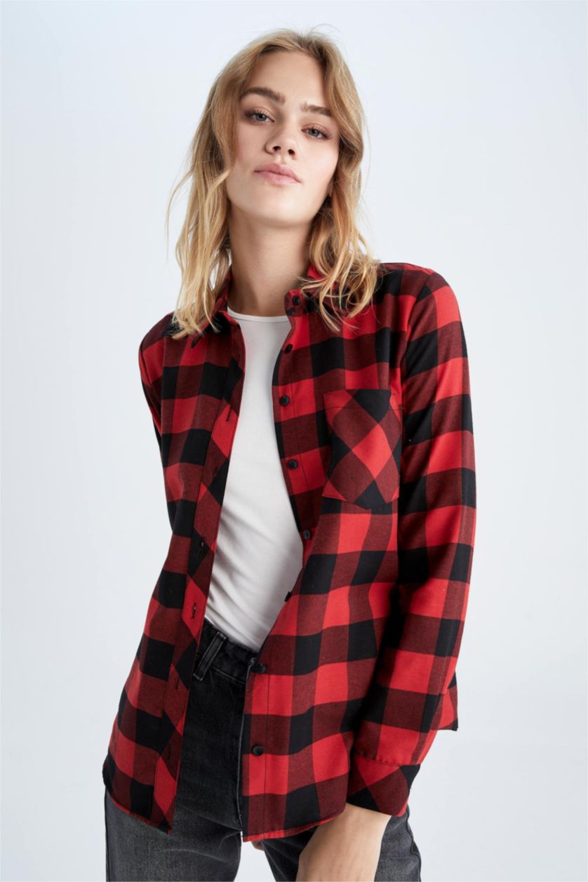 نساء أحمر قميص كاروهات قصة عادية كم طويل من الفلانيل