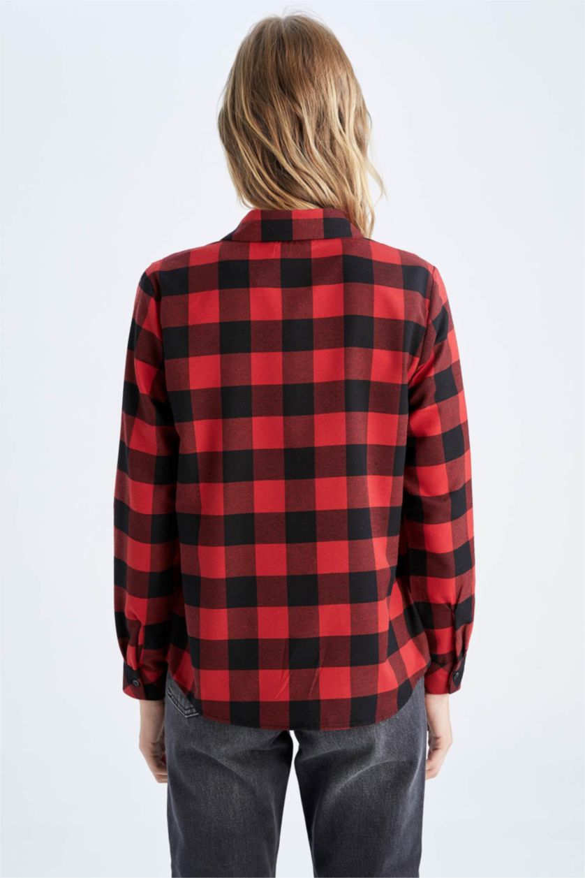 نساء أحمر قميص كاروهات قصة عادية كم طويل من الفلانيل