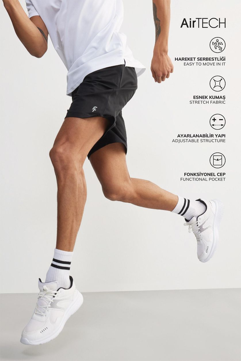 Erkek Siyah Slim Fit Dar Kesim Sporcu Standart Paça Şort