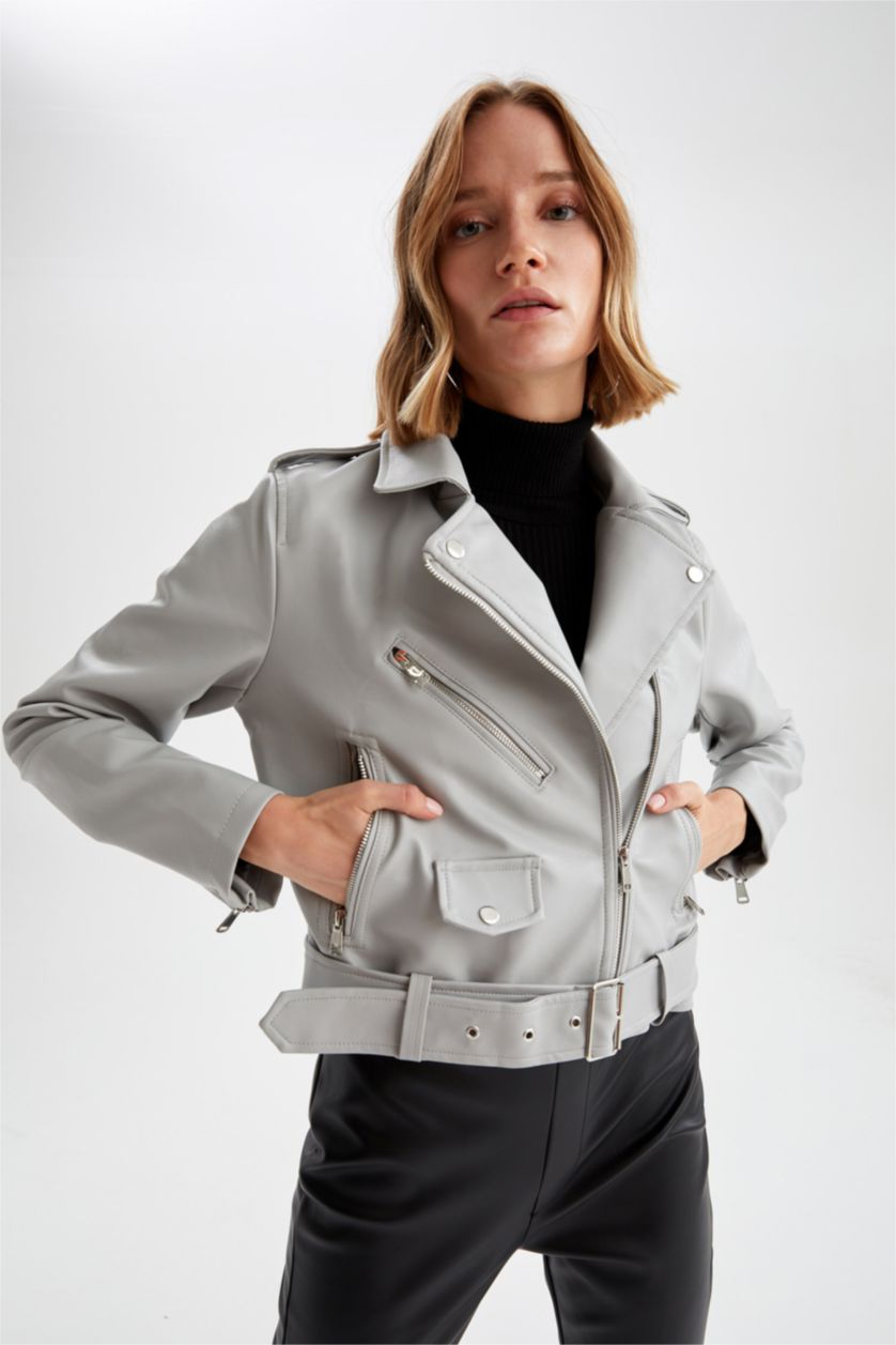 نساء رمادي جاكيت راكب الدراجة النارية جلد صناعي قصة عادية ومقاوم للحزام ومقاوم للماء