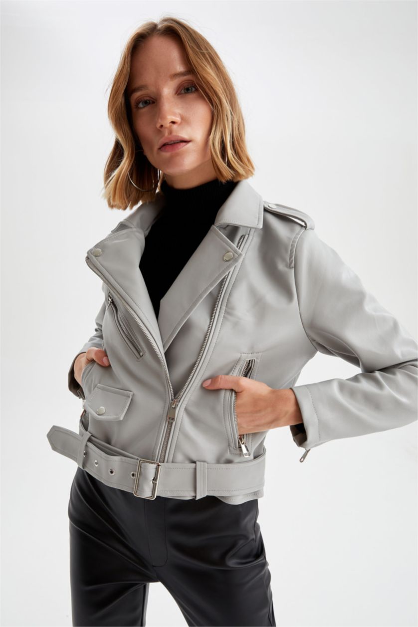 نساء رمادي جاكيت راكب الدراجة النارية جلد صناعي قصة عادية ومقاوم للحزام ومقاوم للماء