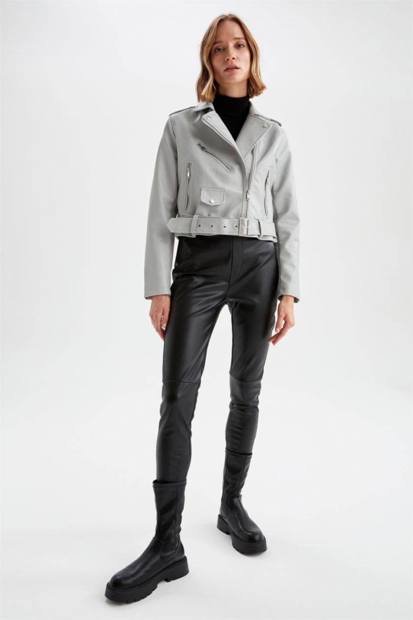نساء رمادي جاكيت راكب الدراجة النارية جلد صناعي قصة عادية ومقاوم للحزام ومقاوم للماء