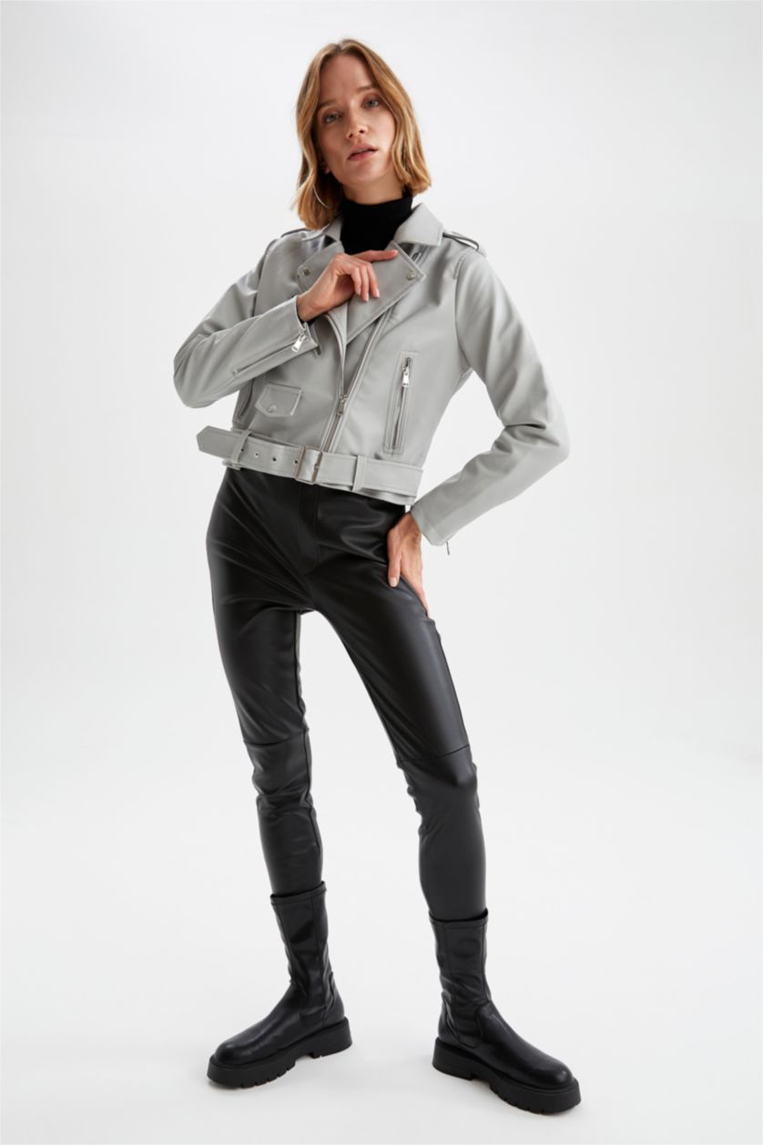 نساء رمادي جاكيت راكب الدراجة النارية جلد صناعي قصة عادية ومقاوم للحزام ومقاوم للماء