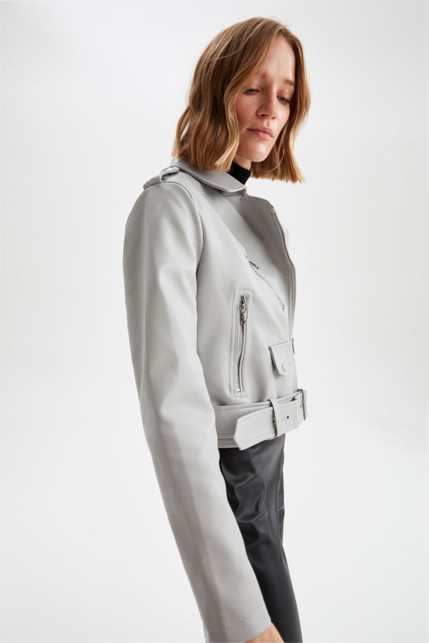نساء رمادي جاكيت راكب الدراجة النارية جلد صناعي قصة عادية ومقاوم للحزام ومقاوم للماء