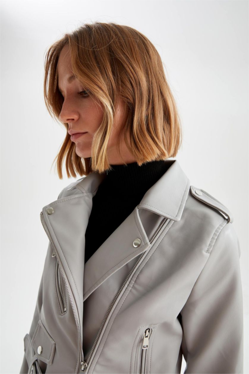 نساء رمادي جاكيت راكب الدراجة النارية جلد صناعي قصة عادية ومقاوم للحزام ومقاوم للماء