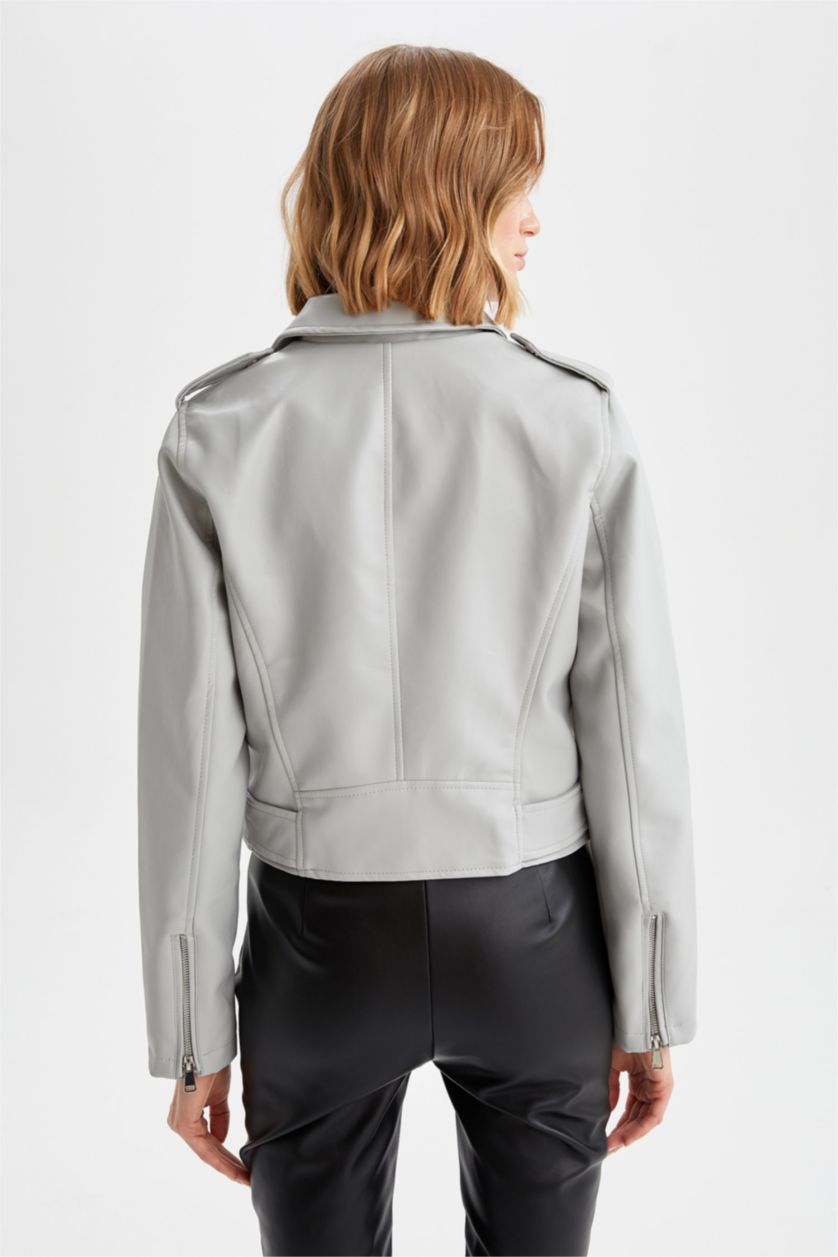 نساء رمادي جاكيت راكب الدراجة النارية جلد صناعي قصة عادية ومقاوم للحزام ومقاوم للماء