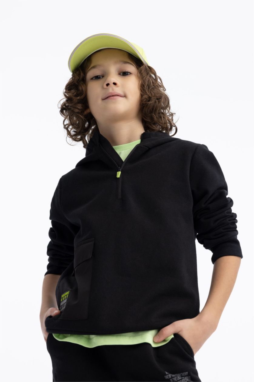 BOYS & TEENS Black Boy Regular Fit Hooded Pocket Printed Sweatshirt