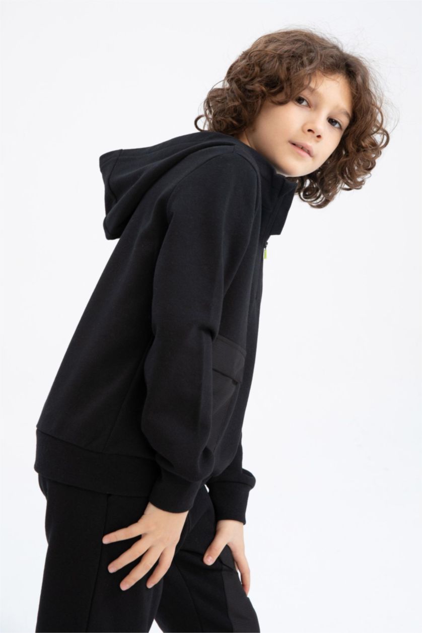 BOYS & TEENS Black Boy Regular Fit Hooded Pocket Printed Sweatshirt
