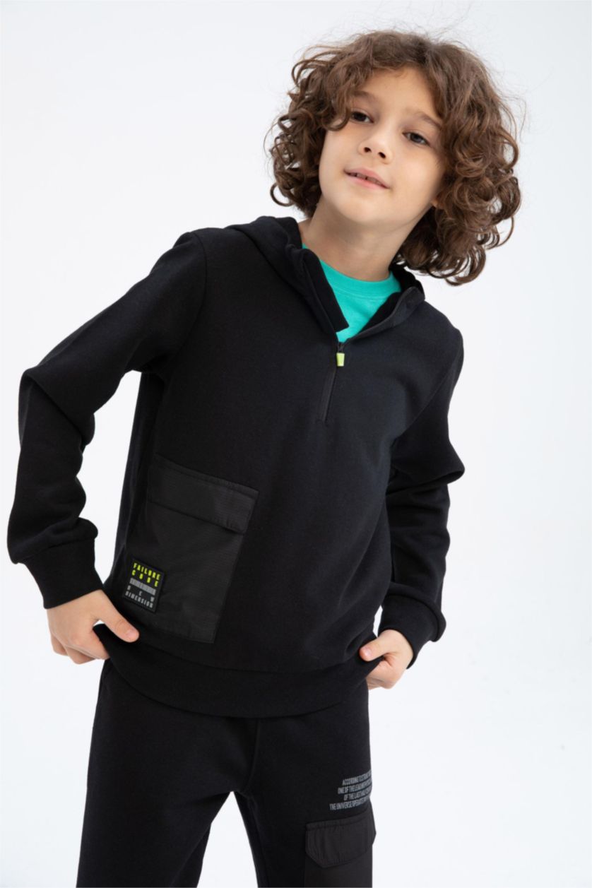 BOYS & TEENS Black Boy Regular Fit Hooded Pocket Printed Sweatshirt