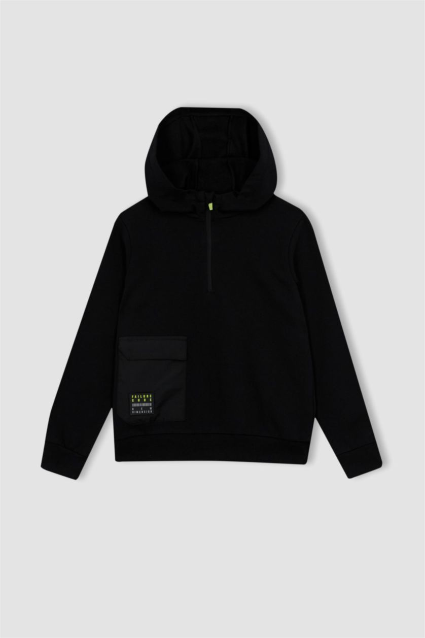 BOYS & TEENS Black Boy Regular Fit Hooded Pocket Printed Sweatshirt