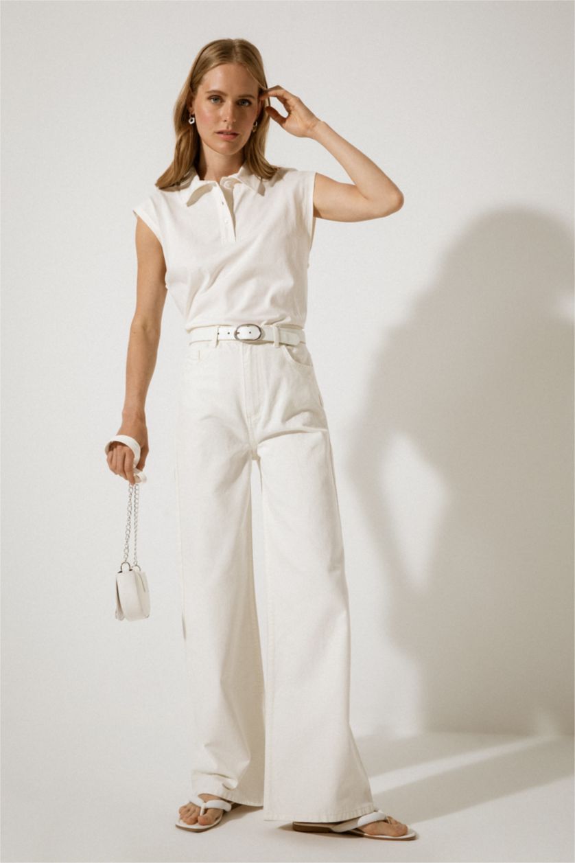 FEMME Blanc Pantalon large taille haute