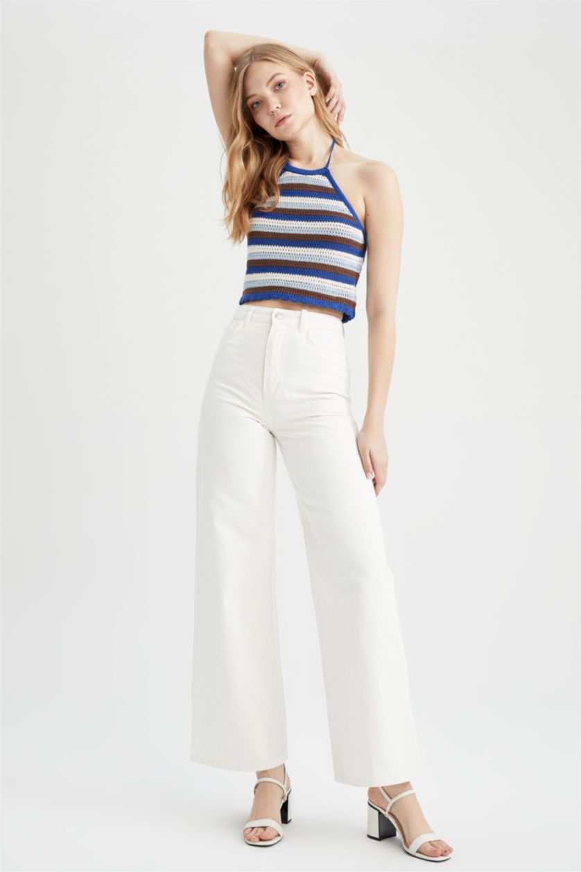 FEMME Blanc Pantalon large taille haute