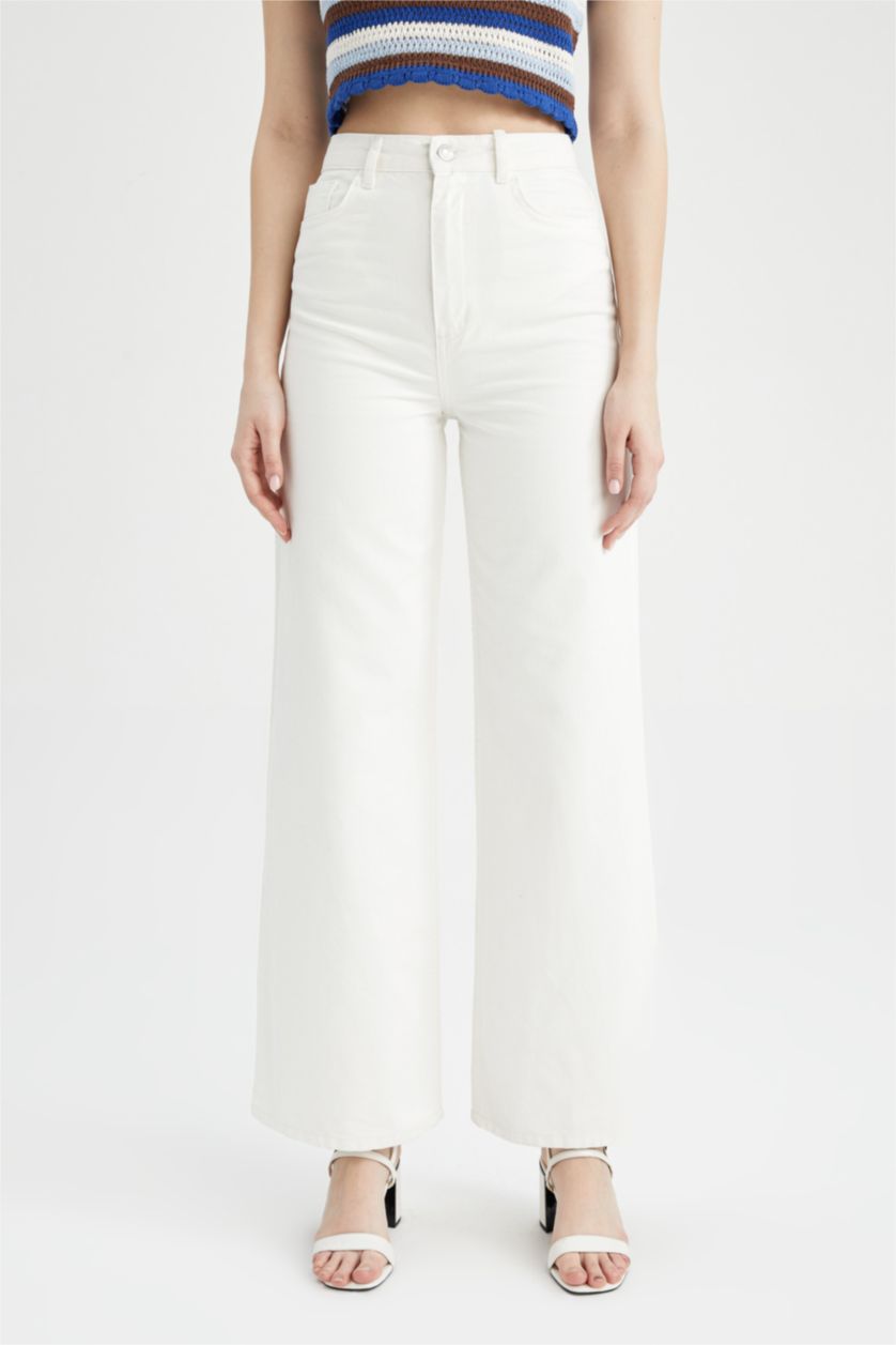 FEMME Blanc Pantalon large taille haute