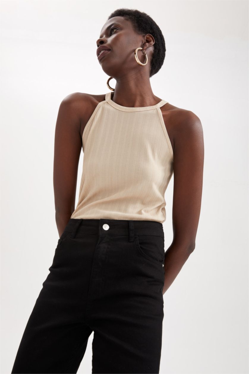 FEMME Beige Débardeur Coupe slim raccourcie Col dos nu