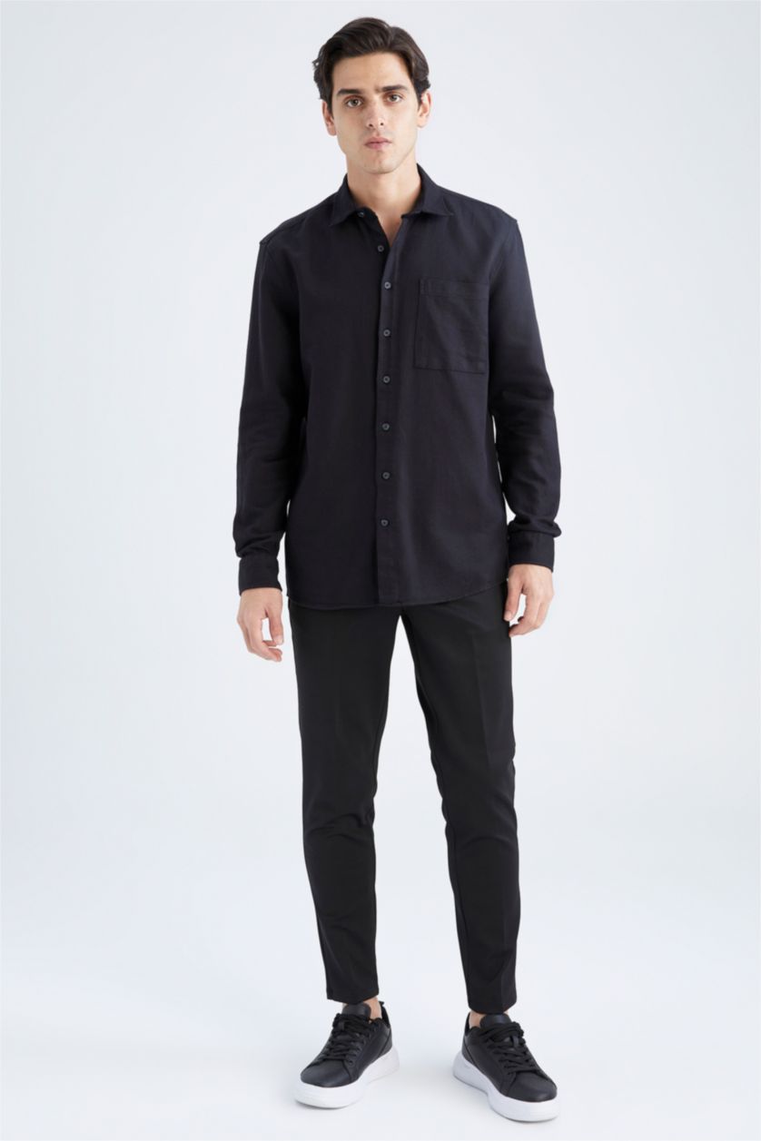 Man Black Regular Fit Polo Collar Long Sleeve Shirt