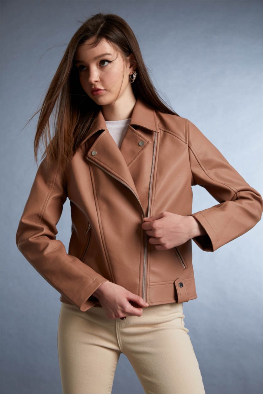 Brown Woman Faux Leather Jacket 2347682 | DeFacto