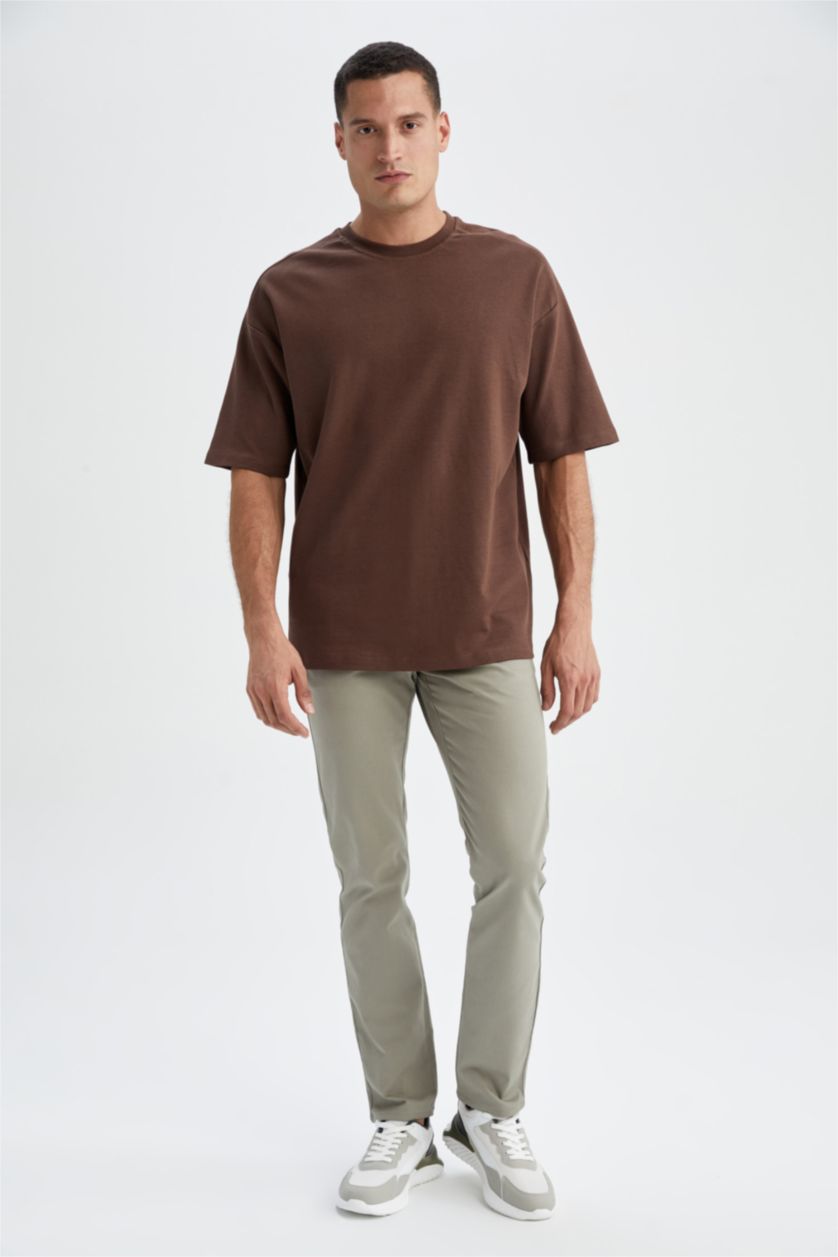 رجال بني تي شيرت بيزك اوفر سايز برقبة دائرية