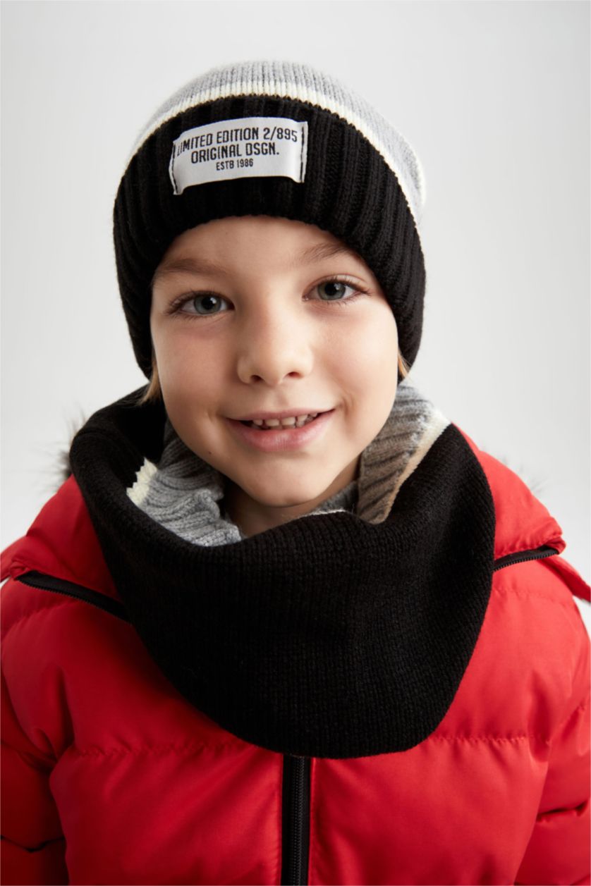 Erkek Çocuk - Genç Erkek Gri Erkek Çocuk Desenli Boyunluk Ve Bere Takımı