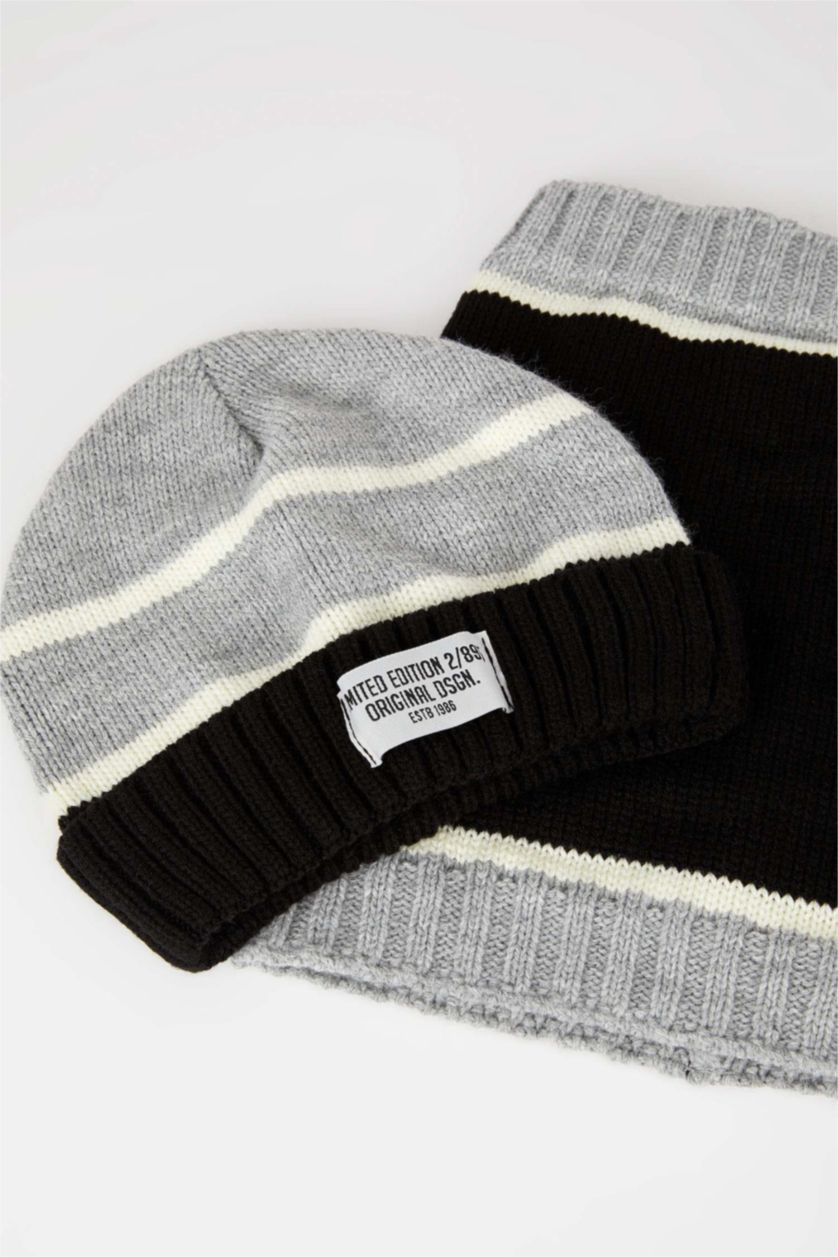 Erkek Çocuk - Genç Erkek Gri Erkek Çocuk Desenli Boyunluk Ve Bere Takımı