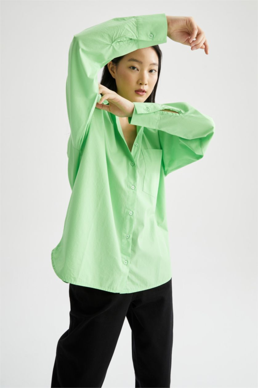 FEMME Vert Chemises à manches longues Popeline Col De Chemise Avec Poche