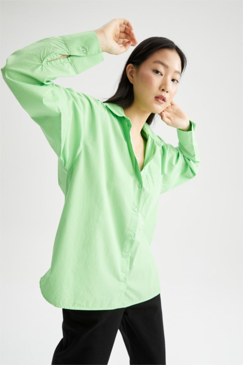 FEMME Vert Chemises à manches longues Popeline Col De Chemise Avec Poche