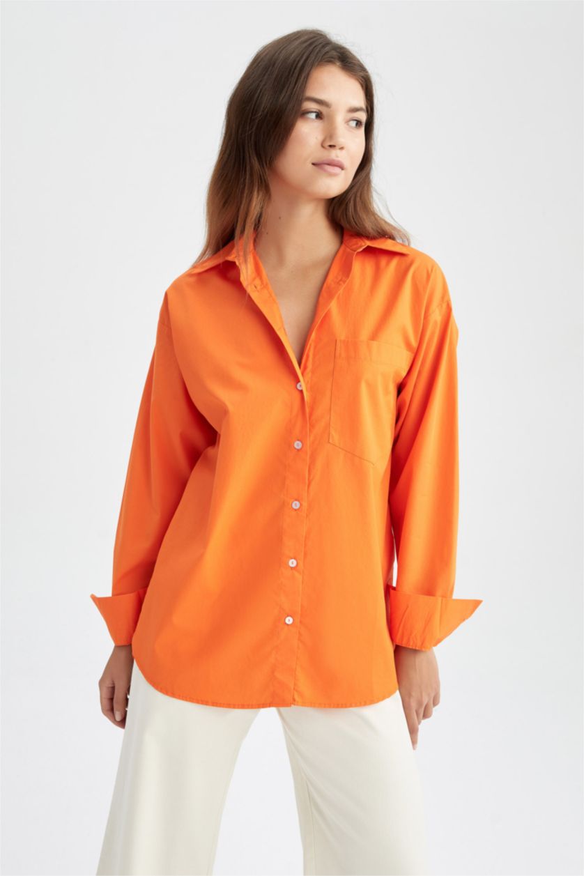 FEMME Orange Chemises à manches longues Popeline Col De Chemise Avec Poche