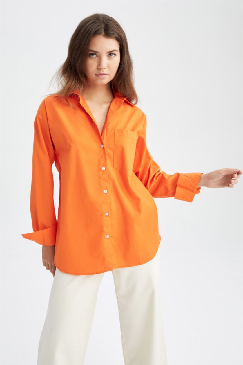 FEMME Orange Chemises à manches longues Popeline Col De Chemise Avec Poche