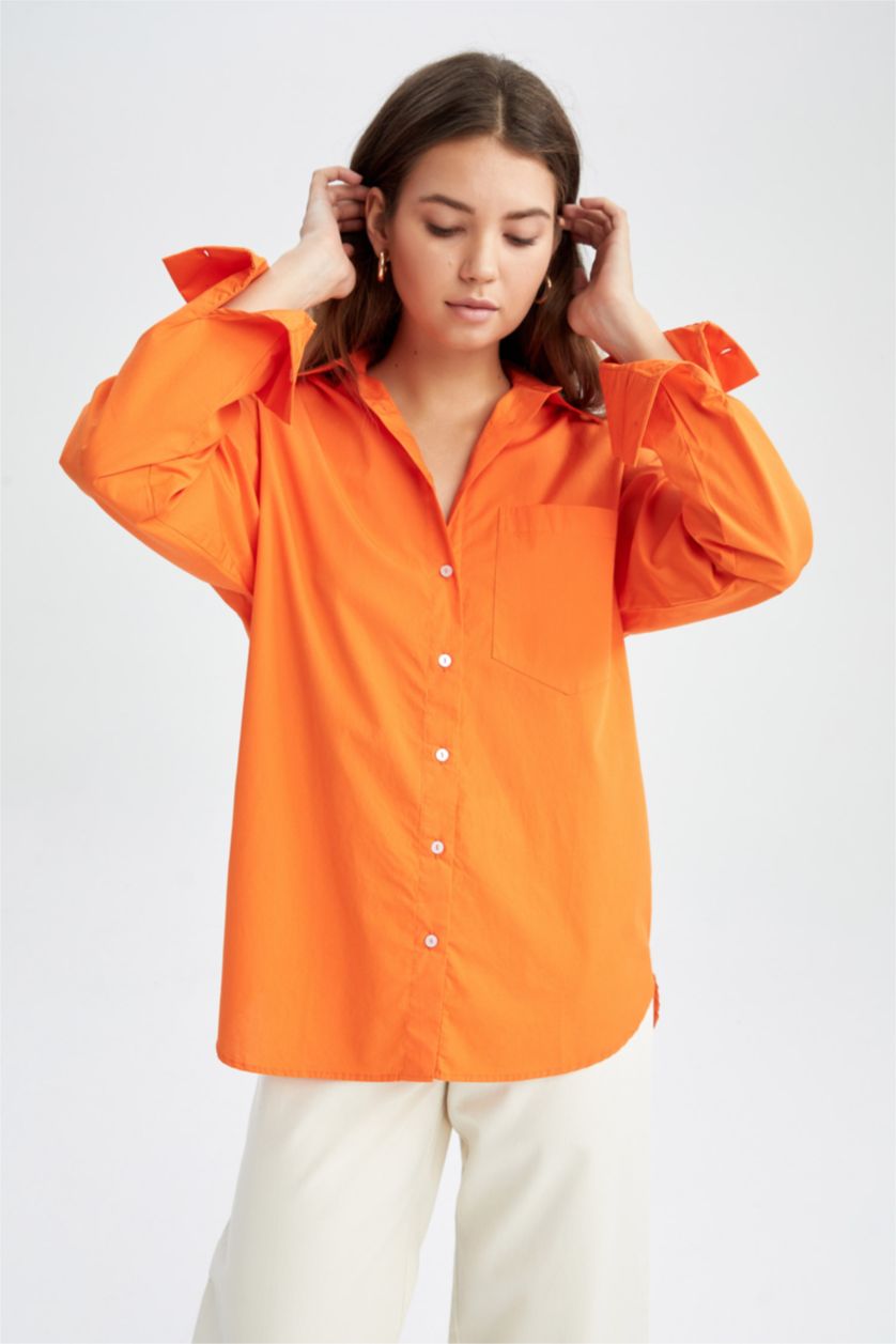 FEMME Orange Chemises à manches longues Popeline Col De Chemise Avec Poche