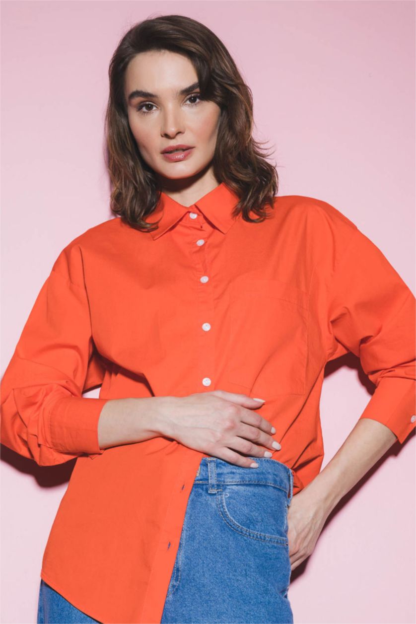Woman Orange Oversize Fit Shirt Collar Poplin Long Sleeve Shirt