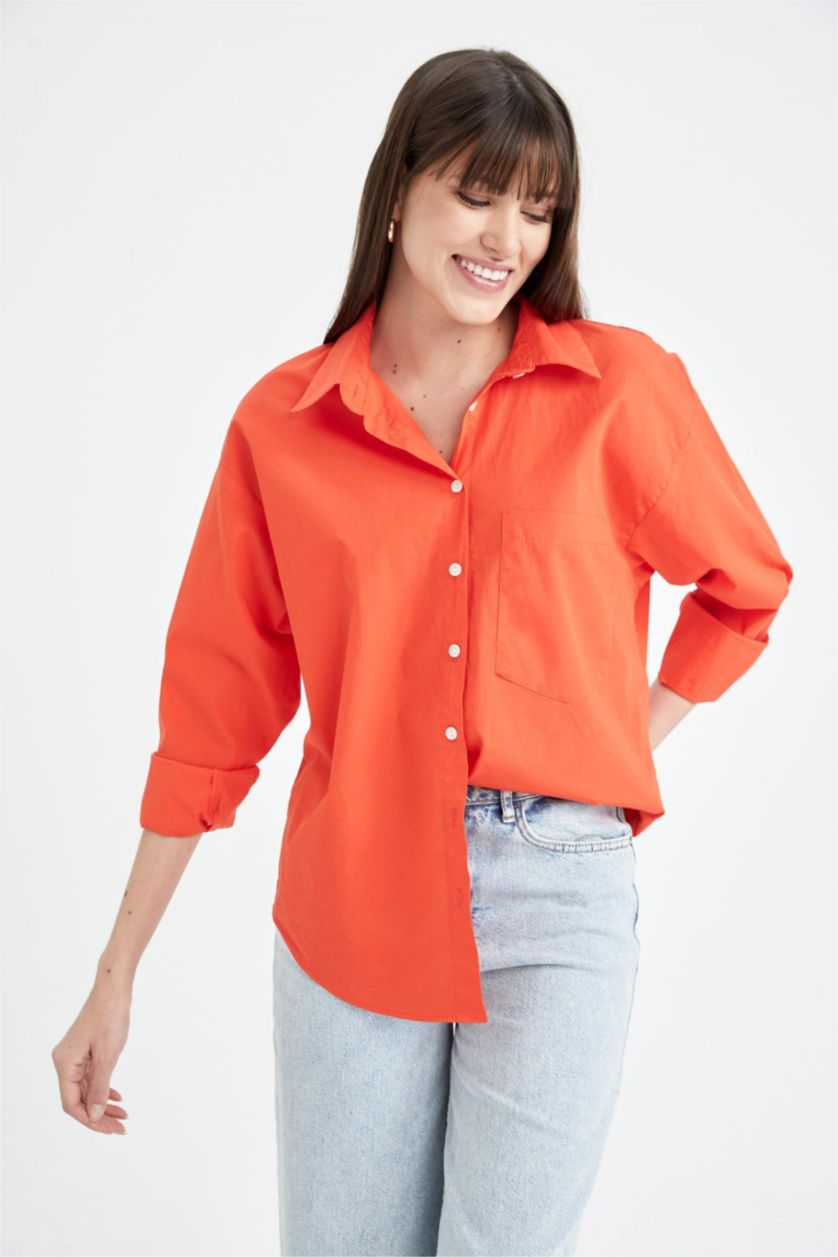 Woman Orange Oversize Fit Shirt Collar Poplin Long Sleeve Shirt