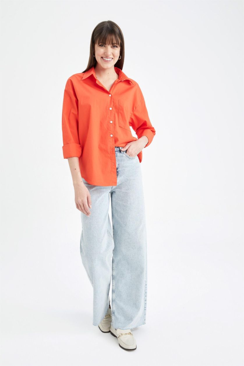Woman Orange Oversize Fit Shirt Collar Poplin Long Sleeve Shirt