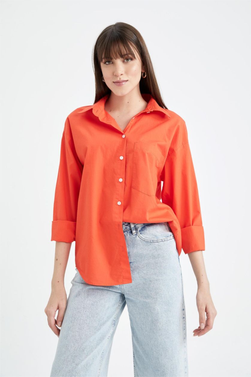 Woman Orange Oversize Fit Shirt Collar Poplin Long Sleeve Shirt