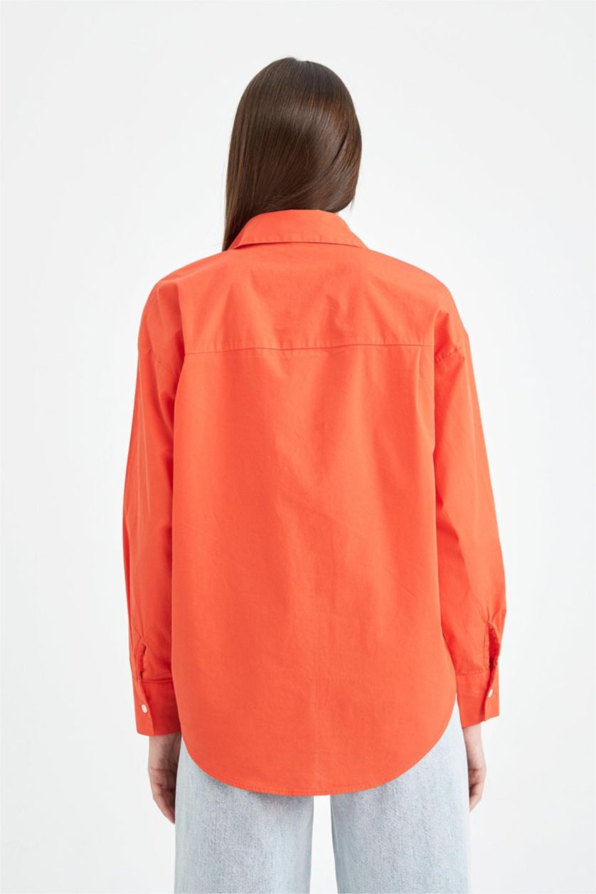 Woman Orange Oversize Fit Shirt Collar Poplin Long Sleeve Shirt