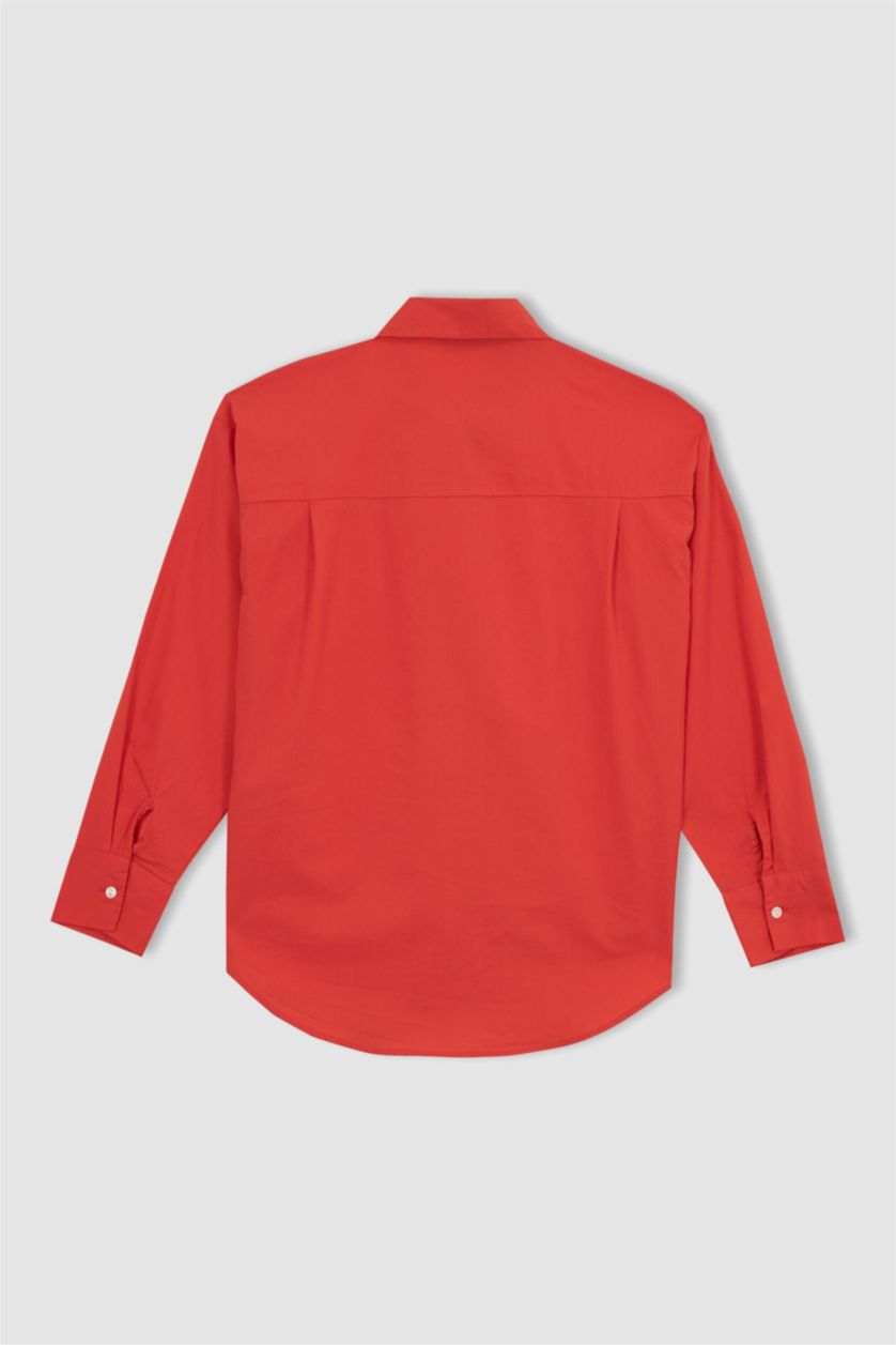 Woman Orange Oversize Fit Shirt Collar Poplin Long Sleeve Shirt