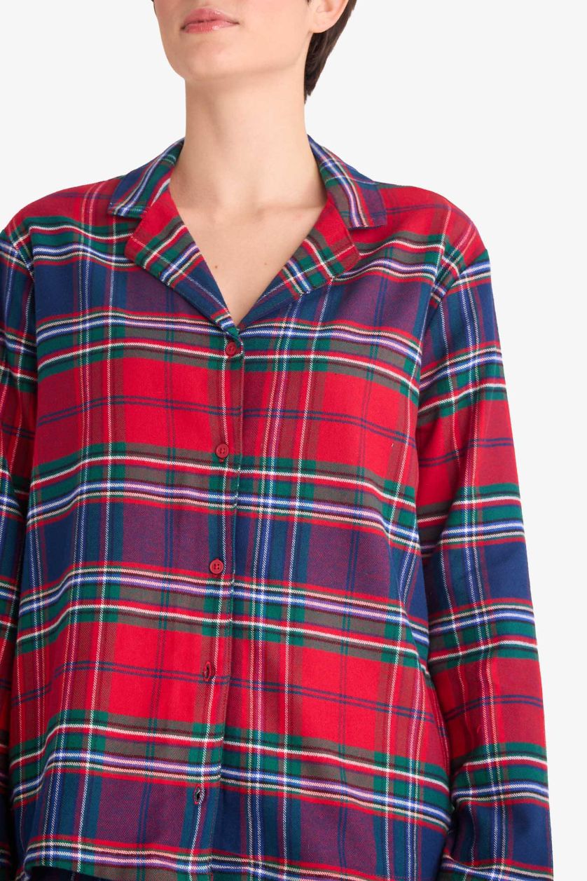Kadın Kırmızı Pijama Takımı Regular Fit Flanel Kareli Uzun Kollu Üst Uzun Alt