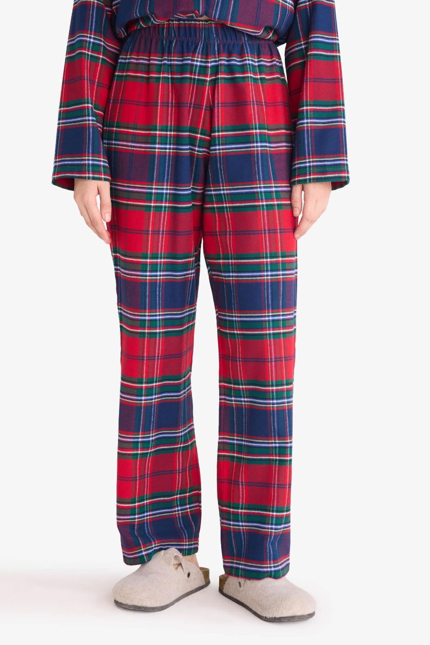Kadın Kırmızı Pijama Takımı Regular Fit Flanel Kareli Uzun Kollu Üst Uzun Alt