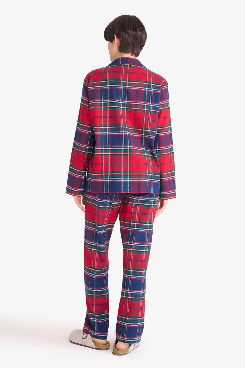 Kadın Kırmızı Pijama Takımı Regular Fit Flanel Kareli Uzun Kollu Üst Uzun Alt