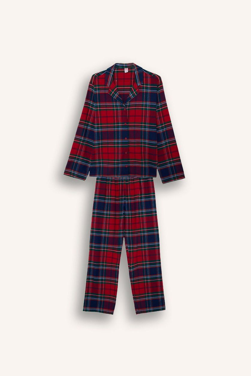 Kadın Kırmızı Pijama Takımı Regular Fit Flanel Kareli Uzun Kollu Üst Uzun Alt
