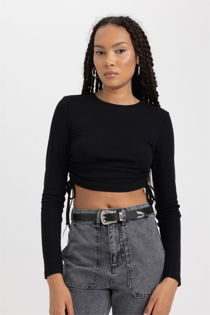 FEMME Noir T-Shirt À Manches Longues En Tricot Coupe Slim Col Ras Du Cou