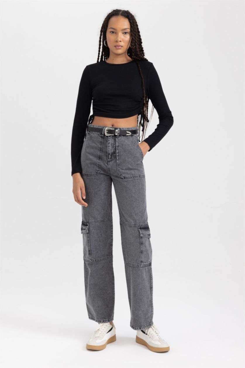 FEMME Noir T-Shirt À Manches Longues En Tricot Coupe Slim Col Ras Du Cou