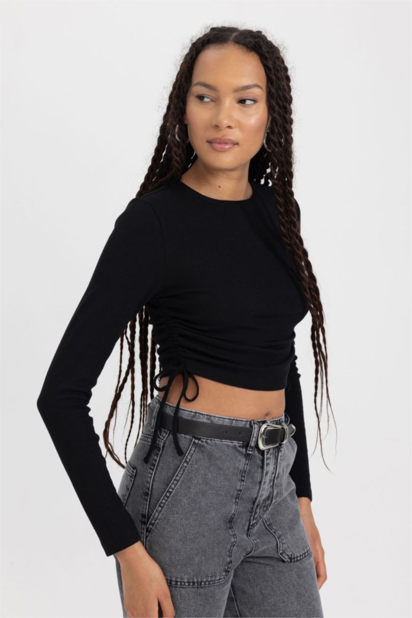 FEMME Noir T-Shirt À Manches Longues En Tricot Coupe Slim Col Ras Du Cou