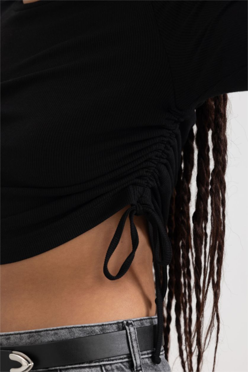 FEMME Noir T-Shirt À Manches Longues En Tricot Coupe Slim Col Ras Du Cou