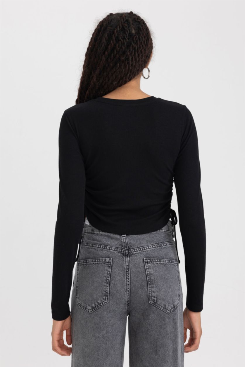 FEMME Noir T-Shirt À Manches Longues En Tricot Coupe Slim Col Ras Du Cou